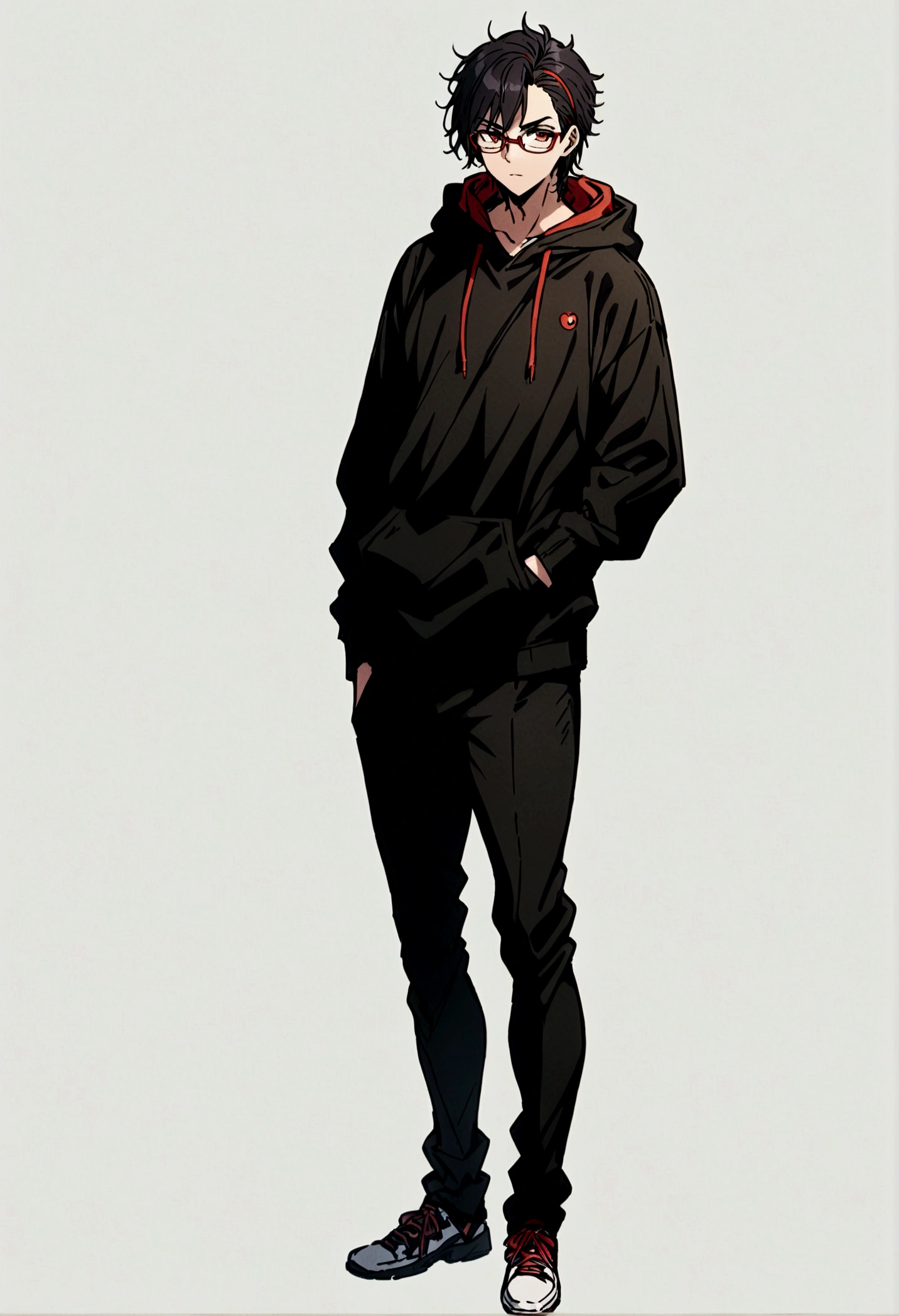 fullbody,masterpiece,standing,hoodie,black black short hair,red eyes,adult,1boy,solo,glasses,white background,standing straight,fullbody,curtained_hair