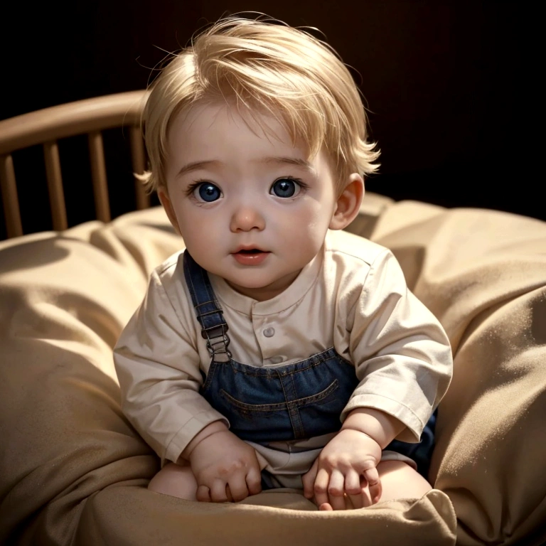 Picture of a baby about 8 months old for a story in a YouTube video in Pixar format, he is little Eric, He is the godfather, He is sociable, Playful and ready for anything, short, blondes Ha