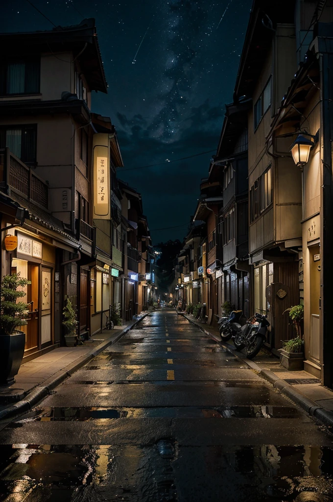 On a quiet residential street in Japan,Night falls,The street is surrounded by a peaceful atmosphere。The street lamp closest to the street corner stands on the corner.,Gives off a soft glow,Illuminating the wet road and the motorcycles parked on the roadside,A warm halo is formed,Reflecting the reflections on the metal body of the motorcycle。
The residential streets are lined with warm Japanese-style houses.,Warm lights shine through the windows of several houses,It gives a warm feeling。Misty Night,Starry Sky,The light of the stars and the light of the street lamps shine together,It forms a quiet and beautiful night scene。Tall lamp posts with wires tangled around them,Extending to the distance,As if drawing black lines in the night sky。Occasionally there is a breeze,Rustling leaves,Adds a touch of movement to the quiet night。
It was late at night,There are almost no pedestrians on the street,The whole street looks particularly peaceful and beautiful under the starry sky.,People can't help but stop,Enjoy this rare tranquility and beauty。