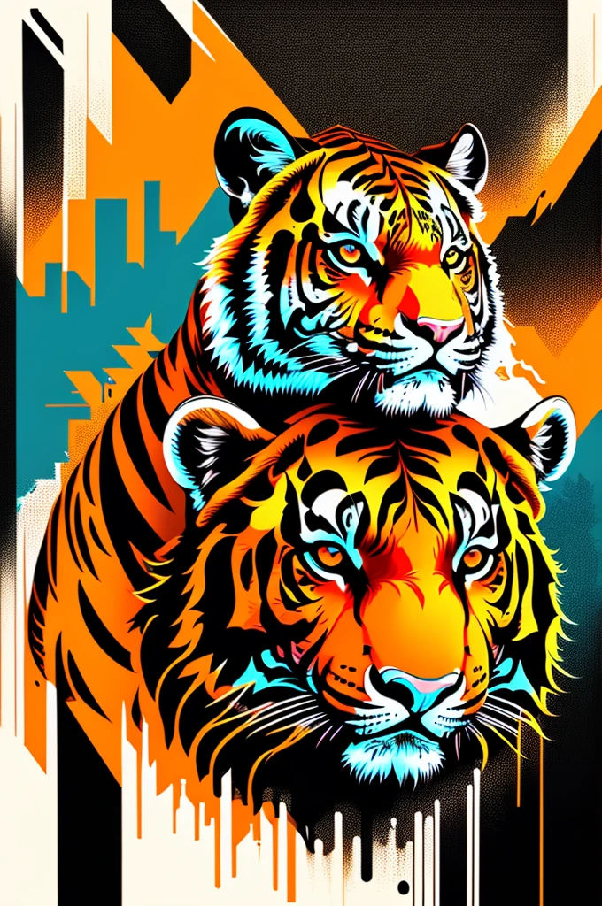 Ready to print vector t-shirt art colorful graffiti illustration of a tiger, futuristic cyberpunk city background, realistic image style, image on white background, centralized