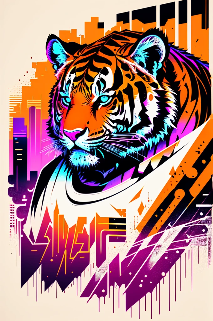 Ready to print vector t-shirt art colorful graffiti illustration of a tiger, futuristic cyberpunk city background, realistic image style, image on white background, centralized