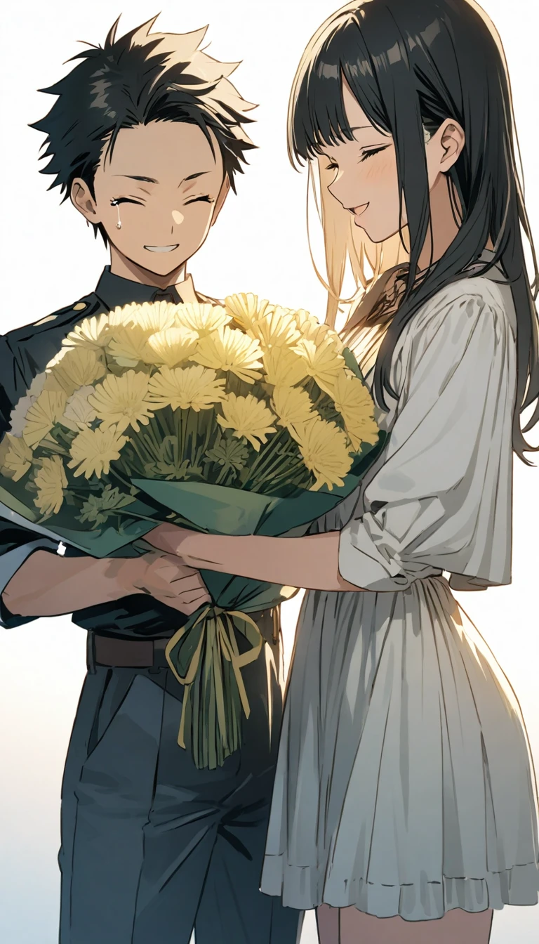 (masterpiece)、(absurdres)、(ultra detailed)、The Kindaichi Case Files、Hajime Kindaichi、Anime illustration、cowboy shot,smile,tears:1.2,closed eyes,holding a large bouquet of chrysanthemums、soft lighting,Asahi、white background,