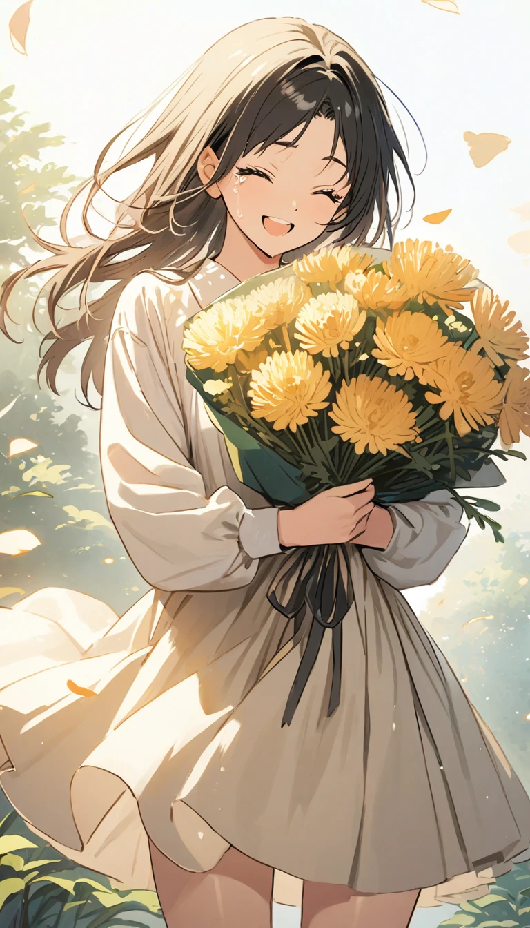 (masterpiece)、(absurdres)、(ultra detailed)、The Kindaichi Case Files、Hajime Kindaichi、Anime illustration、cowboy shot,smile,tears:1.2,closed eyes,holding a large bouquet of chrysanthemums、soft lighting,Asahi、white background,