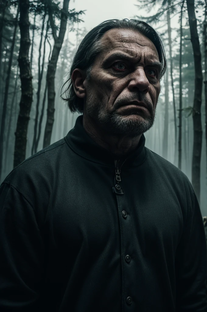 Create an eerie and chilling portrait of Michel Fourniret, the infamous 'Ogre des Ardennes.' The image should capture his unsettling presence, with dark shadows highlighting his facial features. His expression is cold and menacing, eyes staring directly at the viewer with a sense of malevolence. The background is dimly lit, with hints of a desolate, forested area that evokes a sense of isolation and fear. The overall atmosphere is dark and foreboding, emphasizing the terror associated with his name