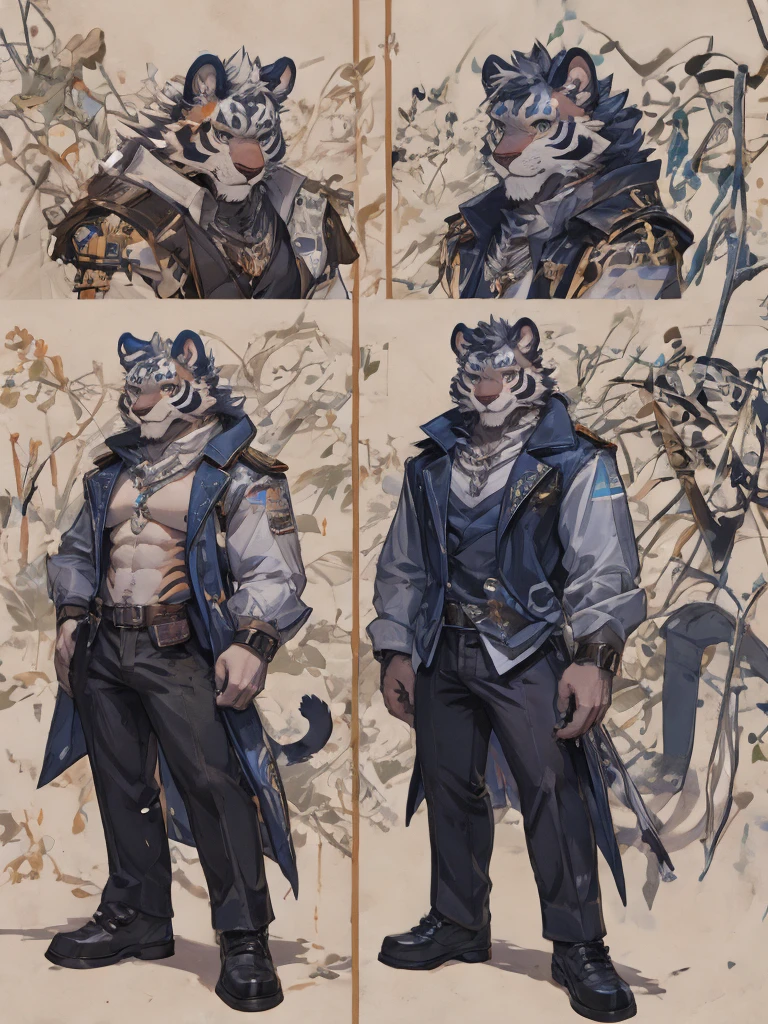 {{bara extremely handsome white tiger,}} {{white fur,}} white, wearing elegant ornate suit jacket, trousers, white dress shirt and necktie, white fluffy furry body and limbs, loafers, very tall, very broad shoulders, narrow waist, muscular arms, massive pecs, purple eyes, very long legs, massive bulge, sophisticated hot look, full body, 3/4 view, best quality, high quality, silver earring on left ear, sultry smirk, multiple views, character sheet