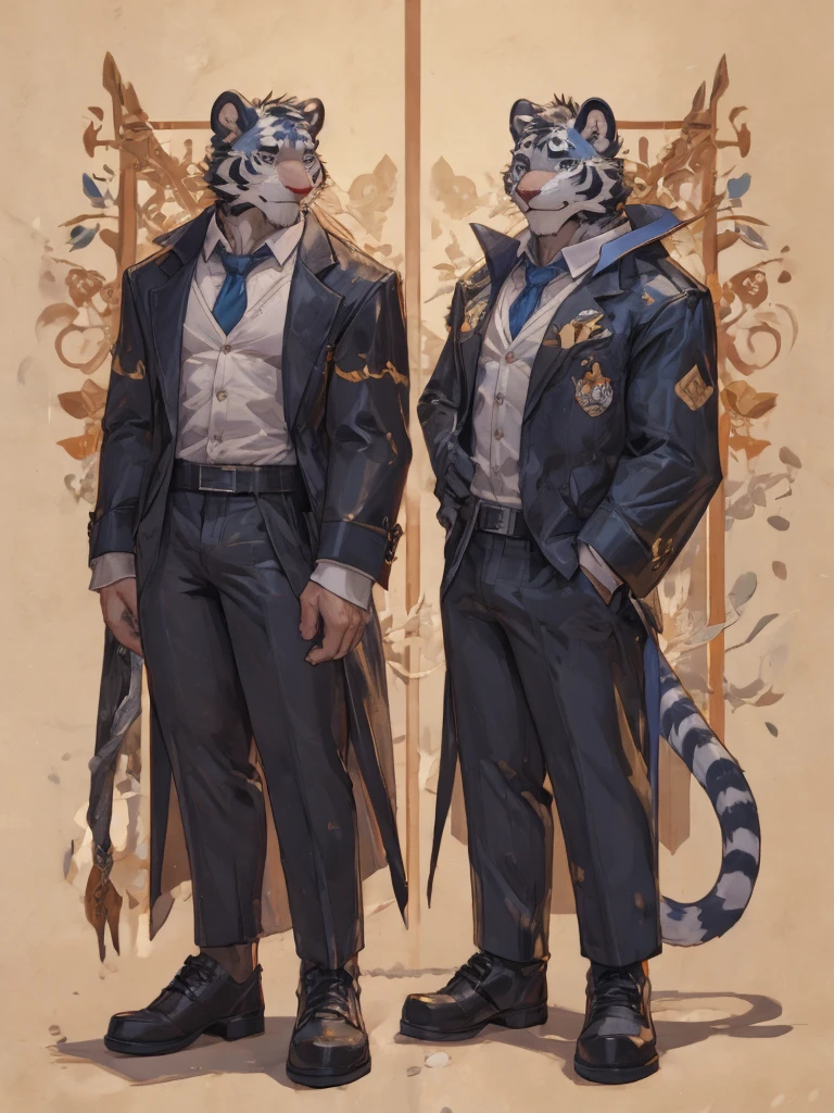 {{bara extremely handsome white tiger,}} {{white fur,}} white, wearing elegant ornate suit jacket, trousers, white dress shirt and necktie, white fluffy furry body and limbs, loafers, very tall, very broad shoulders, narrow waist, muscular arms, massive pecs, purple eyes, very long legs, massive bulge, sophisticated hot look, full body, 3/4 view, best quality, high quality, silver earring on left ear, sultry smirk, multiple views, character sheet