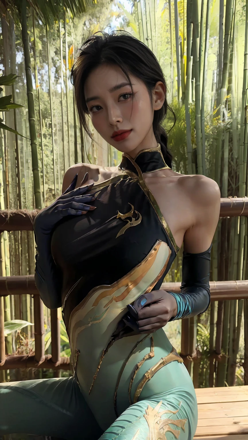 (The tall girl puts her hand in front of her and points to the side), combat pose, BREAK, (Dark background, Bamboo forest), (Slender_thights:1.3), ((big breastes)), Slender_thights, aqua hair, 1girl, solo, (Miniature body:1.4), generous cleavage, Posing, detailed anatomy, the perfect body, Detailed body, detailized face, Beautiful anatomical eyes. BREAK Kaisa Dragon Lagoon,  The BREAK is very detailed, Intricately detailed art, Artstation's Detailed Triadic Color Trend in Unreal Engine 5, 8K resolution, deviantart masterpiece.