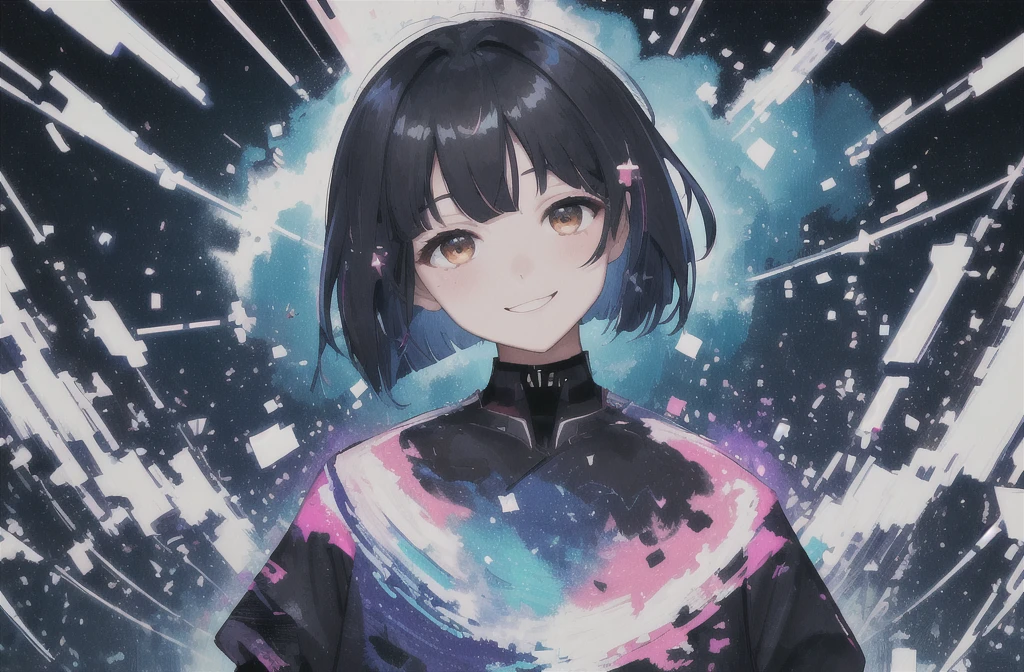 masterpiece, Highest quality, (Alexio:1.5), (Brush strokes, oil \(Moderate\):0.9), Night Sky、nebula、大きなNight Sky、nebula、全Night Sky、nebula、whole body、whole body、Fearless smile、A girl with a short bob hairstyle, (Monochrome:0.6), Abstract, Abstract background, Black Theme, Backlight, Portraiture, (Blurred:1), (Glitch:1.1), eye
