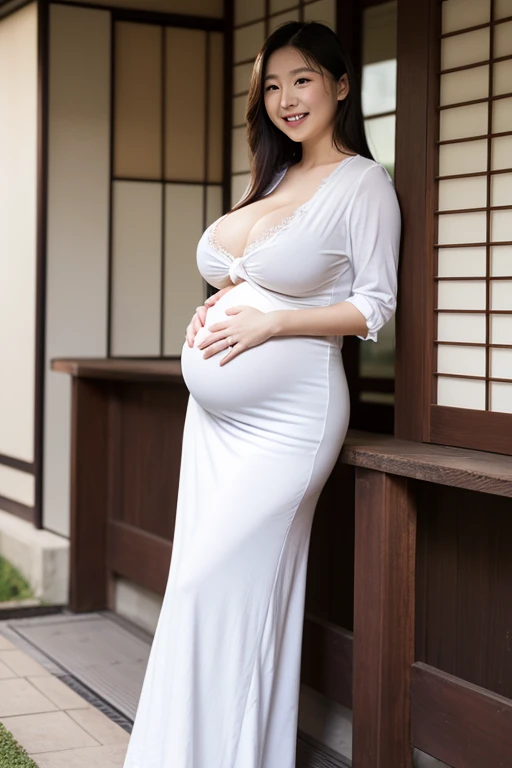 masterpiece, extra limbs, 1japanese house wife, 38 years old, black extra long hair, huge breasts plump beautiful breasts,pregnant, (((smile))), (((clothed white blouse,buck long skirt))),wedding ring, standing breast hold