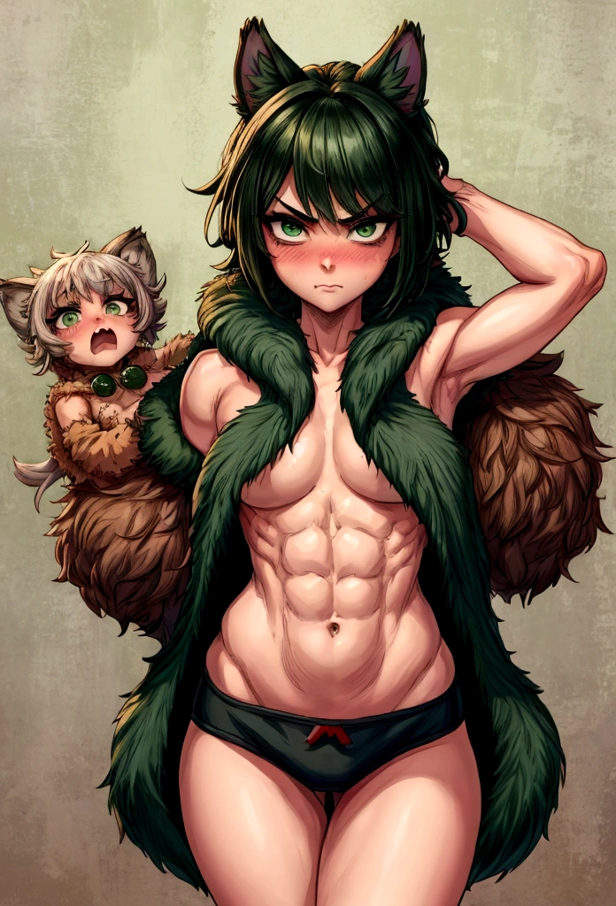 (Masterpiece), Best Quality, expressive eyes, Perfect face, 1 girl, neeko, old, standing, ((Little mom)), Alone, (ABS), ((green fur)), short hair, green eyes, ((tsundere)), ((ashamed)), ((shy), looking at the viewer, Perfect eyes, Perfect face, ((hands behind the back)), ((arms down)), cowboy shot, simple background, Gray background, virgin destroyer sweater, belly button, Thighs,
