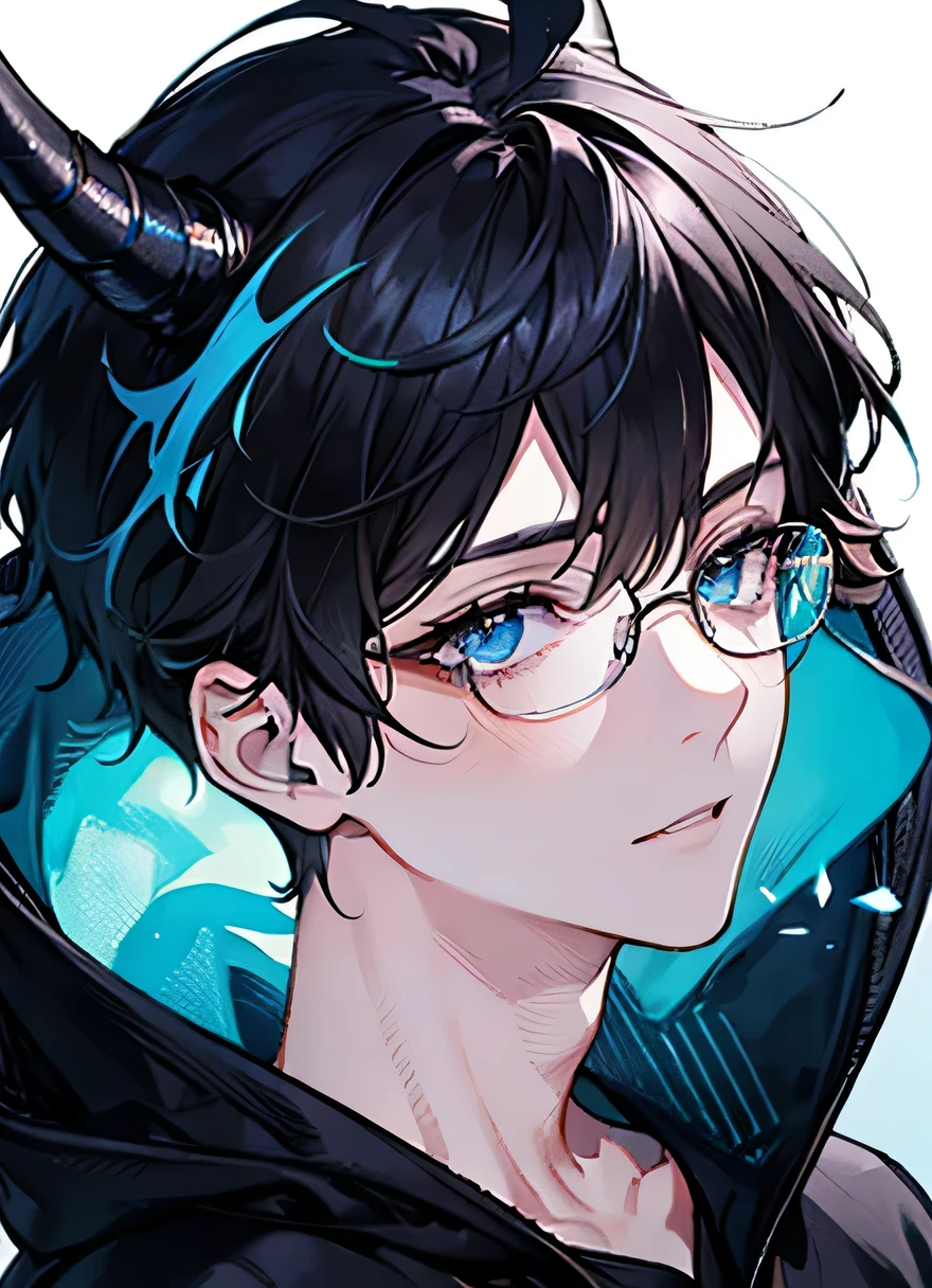 a boy with black hair and blue eyes. 2 Dragon horn blue on head, eyeglass, looking at viewers, messy hair. staring blankly. wearing a black hoodie. (Close-up:1.1)