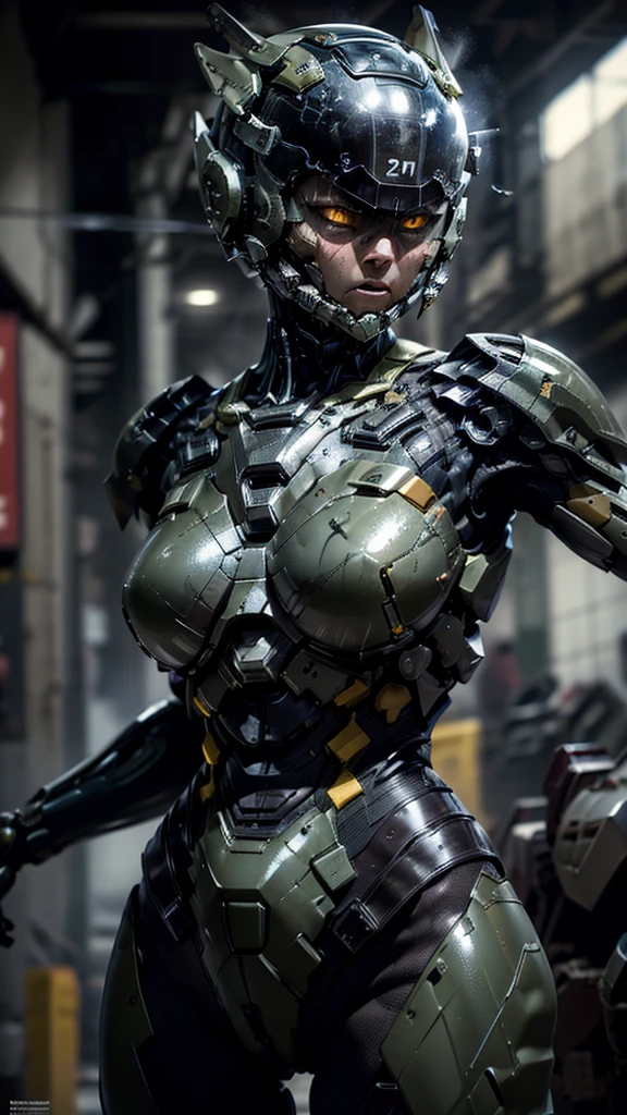 Textured skin, Very detailed, Attention to detail, high quality, 最high quality, High resolution, 1080P, hard disk, beautiful,(War Machine),beautifulサイボーグ女性,Mecha Cyborg Girl,Battle Mode,Girl with a mechanical body　Black Hair　Short Hair Boyish　Dark green armor　Sweaty and wet face　(Heavy damage)　(Being slammed into a wall)(Headgear explodes and breaks)　(Flying debris)Steam coming out of my head　Steam coming out of the whole body　Ryona　defeat　Painful expression　Hollow Eyes　Please open your mouth wide　Snug-fitting headgear　Black Inner Suit　Full body portrait　（front）