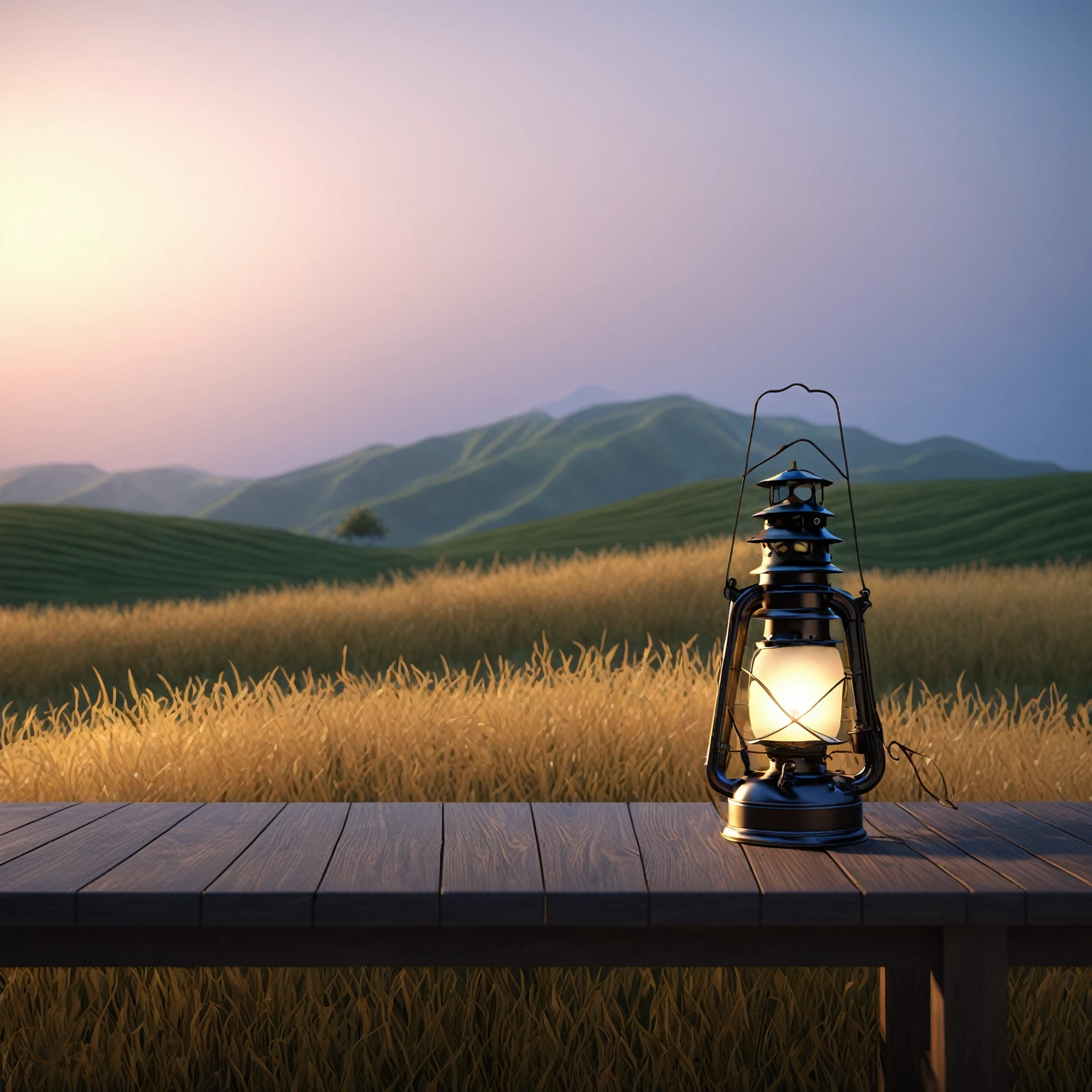 A lantern is placed on a table in the field, photoRealistic landscape, Lantern light, Beautiful landscape rendering, beautiful view, Realistic scene, Adventure surrealistic rendering, Beautiful lighting scenery, 自然Realistic rendering, Very realistic 3D rendering, Stunning landscape, outdoor lighting, Realistic rendering, Realistic landscape, Very detailed scene, Landscape View