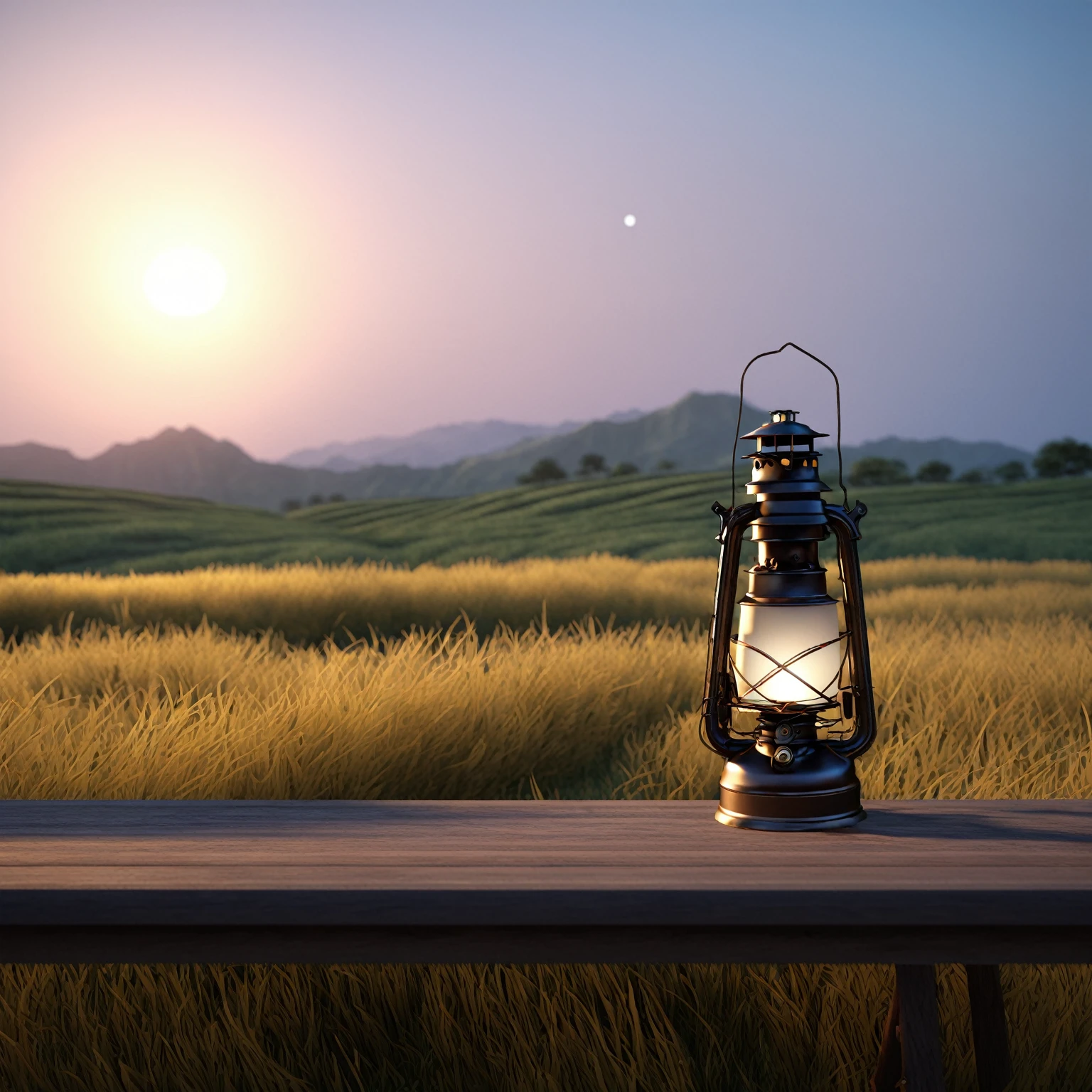 A lantern is placed on a table in the field, photoRealistic landscape, Lantern light, Beautiful landscape rendering, beautiful view, Realistic scene, Adventure surrealistic rendering, Beautiful lighting scenery, 自然Realistic rendering, Very realistic 3D rendering, Stunning landscape, outdoor lighting, Realistic rendering, Realistic landscape, Very detailed scene, Landscape View