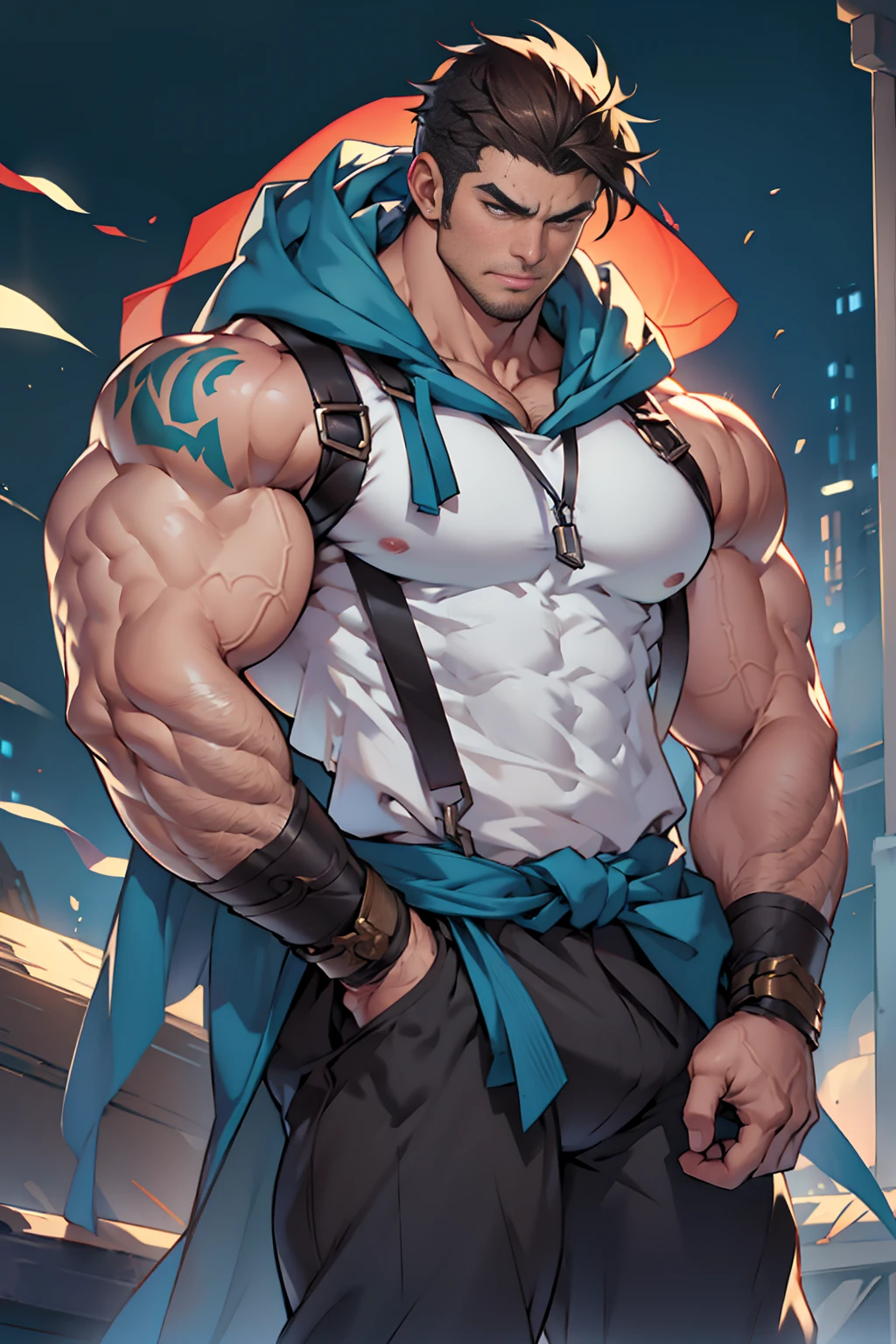向观众炫耀Thick arms，Dissemination，Eyes look at the audience，Thick arms，Highest image quality，Men，Showing shoulders and arms，1 boy，young and beautiful，exhibit，Brown hair，Short straight hair，Dark Skin，cartoon，cartoon壁纸，Solitary，Male focus，Chest muscle expansion, best quality，The feeling of youth，Upper Body，(exhibit他muscular)，（Abstract Background),(Hands in pockets)，sideways，Sharp eyes，(Bottom-up view)，shoulder width，Muscles protrude a lot，Highest image quality，Look at it from a low angle ，The protagonist is wearing a hooded jacket，cartoon壁纸，Chest muscle expansion, best quality)，((Exaggerated muscle bulge))，The protagonist is tall，muscular and bulky, muscular characters, Great and cool, tall and muscular, muscular!!, Very strong, muscular， men, Huge muscles, Big Muscle, Muscle Man, cartoon帅气的男人, muscular!, Huge muscles, muscular bodies，(Photo from bottom to top) (Highest quality images) ，Close-up photos ,real, young, Crotch protrusion, cartoon人物, Male face, bonito rosto young, Huge pectoral muscles, 大腿muscular, Biceps tendon, Huge body, High-intensity training makes your body more fit, muscular, 8 Pack Abs,  Radiant Skin,（Hands in pockets），Thick Legs，Half-length photo，The character is a burly man，Surrealistic pattern，Dynamic Action，Exaggerated deformation，The overall picture highlights his well-developed shoulders and pectoralis major muscles，Light from above， Muscular，Upper Body，Clothes show shoulders，Tattoo，Clean face，（Hands in pockets），Lift his head，Keep your eyes open（Hands in pockets），（Hands in pockets），（Hands in pockets），（Hands in pockets），（Hands in pockets），（Hands in pockets），（Hands in pockets），（Hands in pockets），