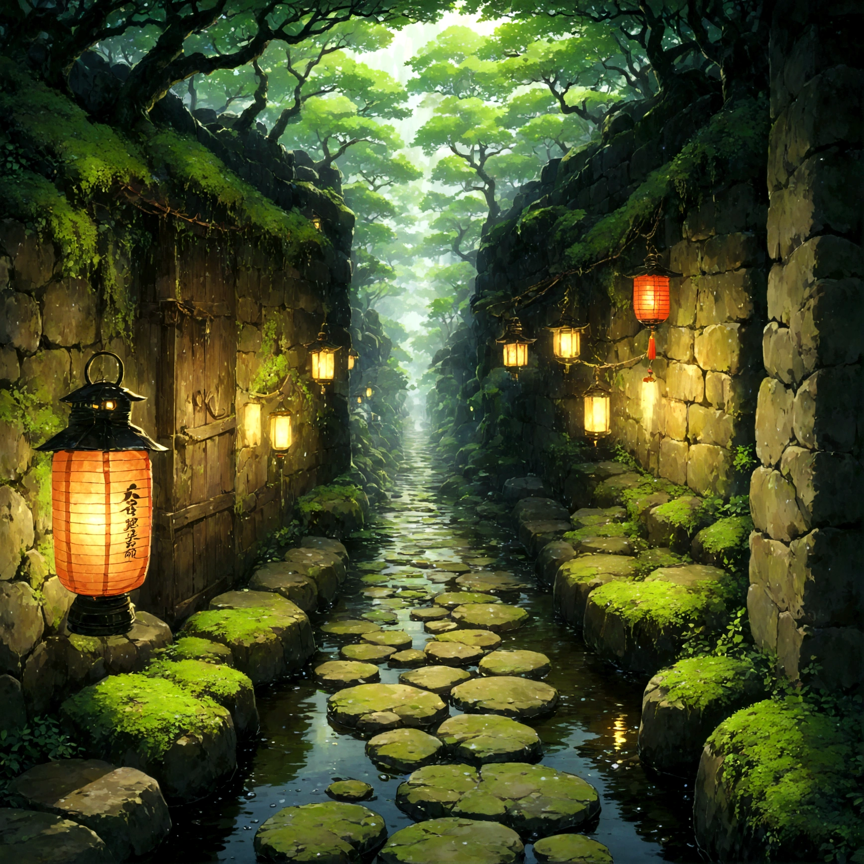 Beautiful game world,Fantasy,Furai no Shiren,shrine,hidden passage,First Person View,dim,Cool air,Moldy smell,Silence,The sound of water droplets heard in the distance,anxiety,Tension,Cobblestone Street,Mossy wall,Tree roots,The dim light of a lantern,Darkness,There's a hint of something lurking,Shiren's Point of View,Wary look