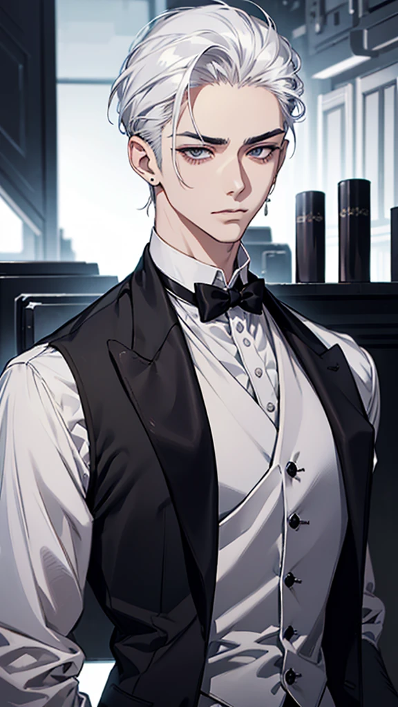 Asian face, young man, white hair, white eyelashes, black eyes, double eyelids, fair skin, black shirt, black tie, slim body, silver vest, silver earrings, slicked back hair, arms crossed behind back, upper body, straight back