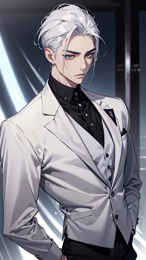 Asian face, young man, white hair, white eyelashes, black eyes, double eyelids, fair skin, black shirt, black tie, slim body, silver vest, silver earrings, slicked back hair, arms crossed behind back, upper body, straight back