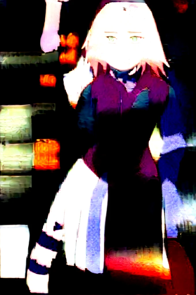 best quality, ultra high resolution, 1 woman, sleeveless white button shirt, black skirt, black choker, cute, (kpop idol), (aegyo sal:1), (platinum blonde hair:1), ((puffy eyes)), looking at viewer, whole body, facing forward