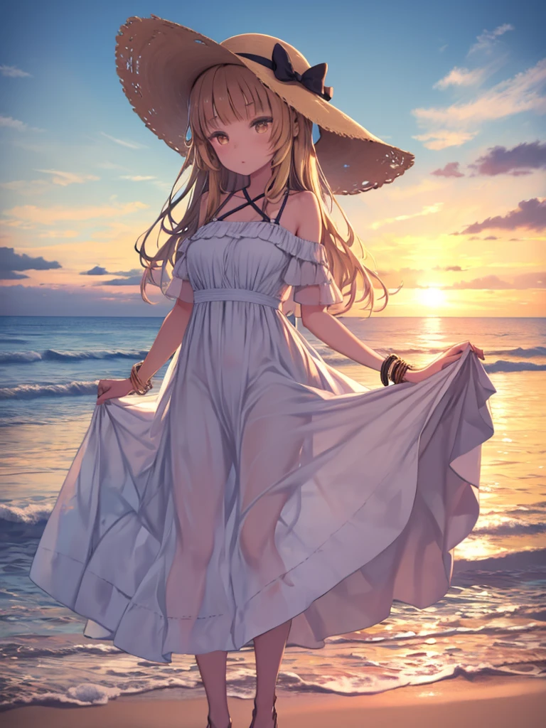 Long dress, Sun hat, bracelet, Golden Eyes、Woman Standing On The Beach、Sunset、