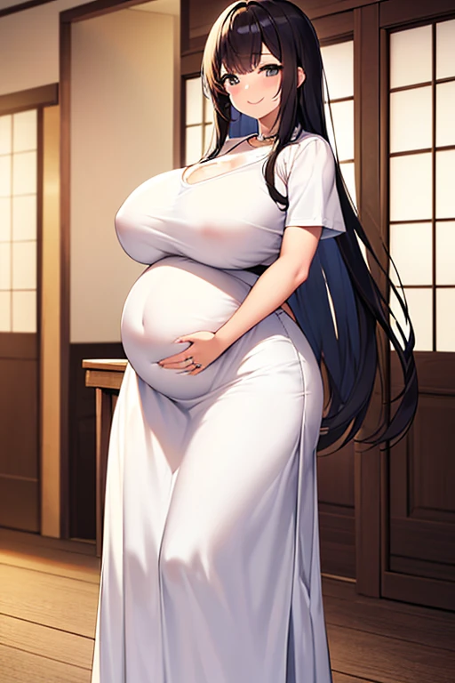 masterpiece, extra limbs, 1japanese house wife, 38 years old, black extra long hair, huge breasts plump beautiful breasts,pregnant, (((smile))), (((clothed white blouse,buck long skirt))),wedding ring, standing breast hold