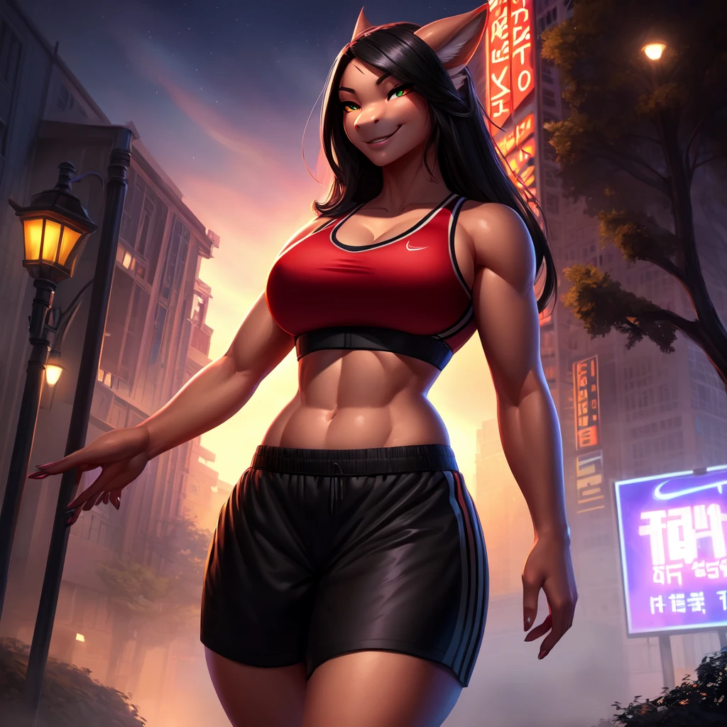 (ultra detailed), beautiful and detailed life-size portrait of a woman, the Dragon, content, the Dragon tail, eyes in the bedroom, high dynamic range, cinematic frame, detailed eyes, big body goddess, subtract, Ross Tran,Ruan Jia, trending on artstation,Foxov, Cinematic lighting, big breaths, big (((red sports bra, black shorts))), park, whole body, legs, outside, ((((seductive, sexy outside))), fog, night, smile,, detailed background,
