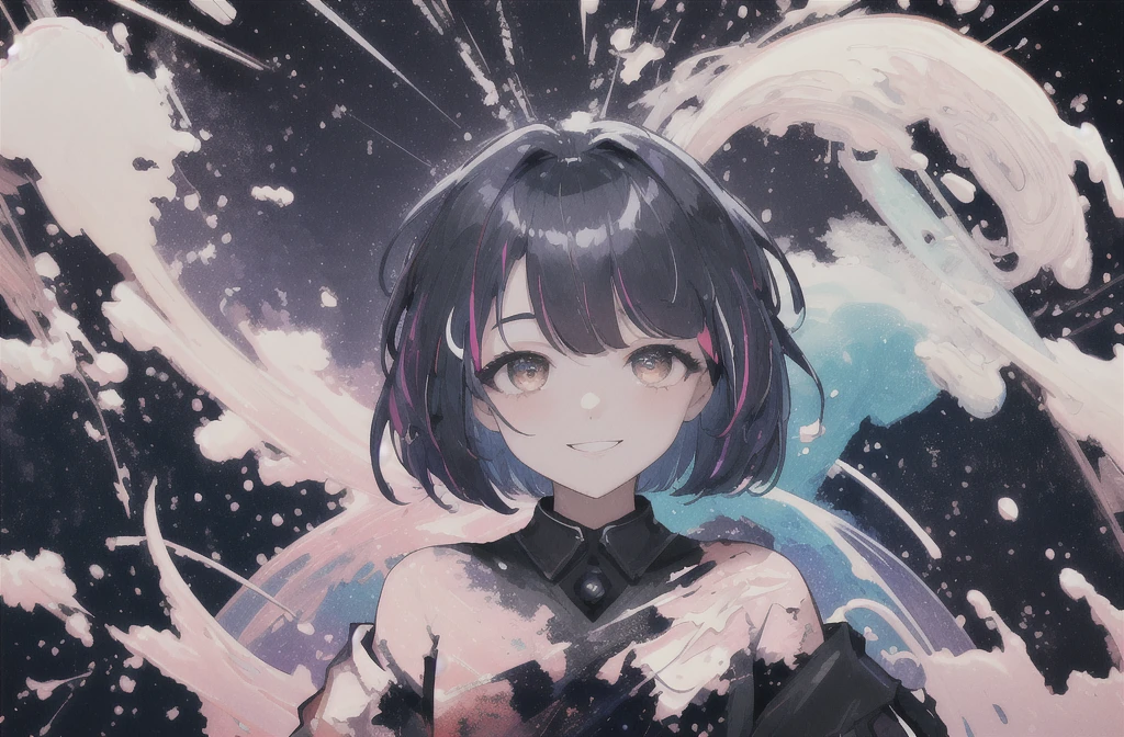 masterpiece, Highest quality, (Alexio:1.5), (Brush strokes, oil \(Moderate\):0.9), Night Sky、nebula、大きなNight Sky、nebula、全Night Sky、nebula、whole body、whole body、Fearless smile、A girl with a short bob hairstyle, (Monochrome:0.6), Abstract, Abstract background, Black Theme, Backlight, Portraiture, (Blurred:1), (Glitch:1.1), eye