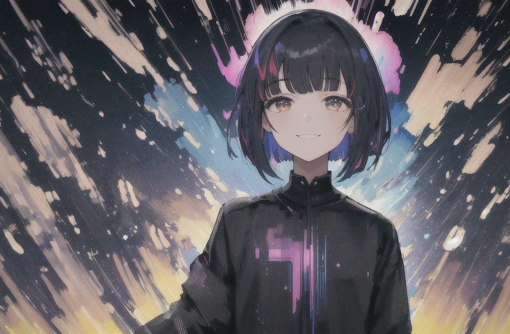 masterpiece, Highest quality, (Alexio:1.5), (Brush strokes, oil \(Moderate\):0.9), Night Sky、nebula、大きなNight Sky、nebula、全Night Sky、nebula、whole body、whole body、Fearless smile、A girl with a short bob hairstyle, (Monochrome:0.6), Abstract, Abstract background, Black Theme, Backlight, Portraiture, (Blurred:1), (Glitch:1.1), eye