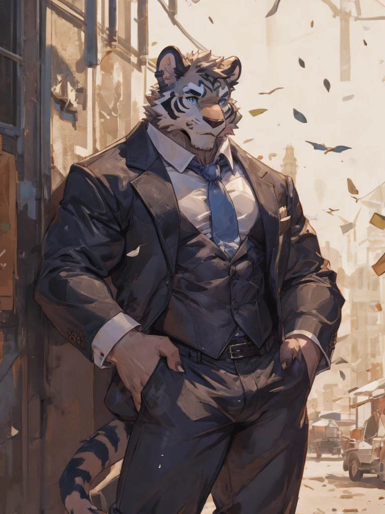 {{bara extremely handsome white tiger,}} {{white fur,}} white, wearing elegant ornate suit jacket, trousers, white dress shirt and necktie, white fluffy furry body and limbs, loafers, very tall, very broad shoulders, narrow waist, muscular arms, massive pecs, purple eyes, very long legs, massive bulge, sophisticated hot look, 3/4 view, best quality, high detail, CG image, silver earring on left ear, sultry smirk