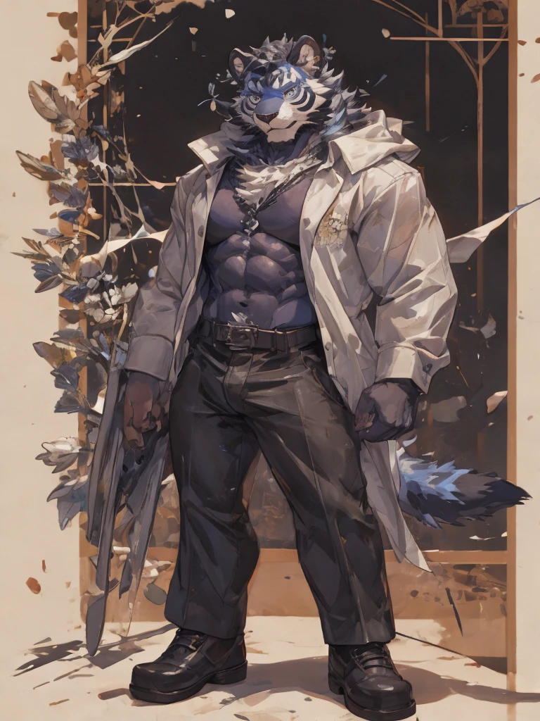 {{bara extremely handsome white tiger,}} {{white fur,}} white, wearing elegant ornate suit jacket, trousers, white dress shirt and necktie, white fluffy furry body and limbs, loafers, very tall, very broad shoulders, narrow waist, muscular arms, massive pecs, purple eyes, very long legs, massive bulge, sophisticated hot look, 3/4 view, best quality, high detail, CG image, character splash art, silver earring on left ear, sultry smirk