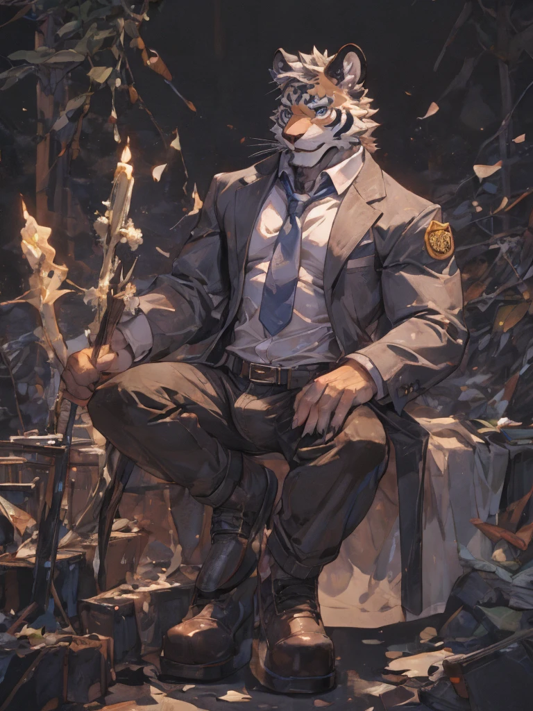 {{bara extremely handsome white tiger,}} {{white fur,}} white, wearing elegant ornate suit jacket, trousers, white dress shirt and necktie, white fluffy furry body and limbs, loafers, very tall, very broad shoulders, narrow waist, muscular arms, massive pecs, purple eyes, very long legs, massive bulge, sophisticated hot look, 3/4 view, best quality, high detail, CG image, silver earring on left ear, sultry smirk