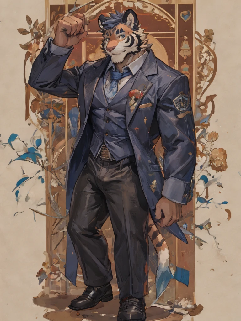 {{bara extremely handsome white tiger,}} {{white fur,}} white, wearing elegant ornate suit jacket, trousers, white dress shirt and necktie, white fluffy furry body and limbs, loafers, very tall, very broad shoulders, narrow waist, muscular arms, massive pecs, purple eyes, very long legs, massive bulge, sophisticated hot look, 3/4 view, best quality, high detail, CG image, silver earring on left ear, sultry smirk
