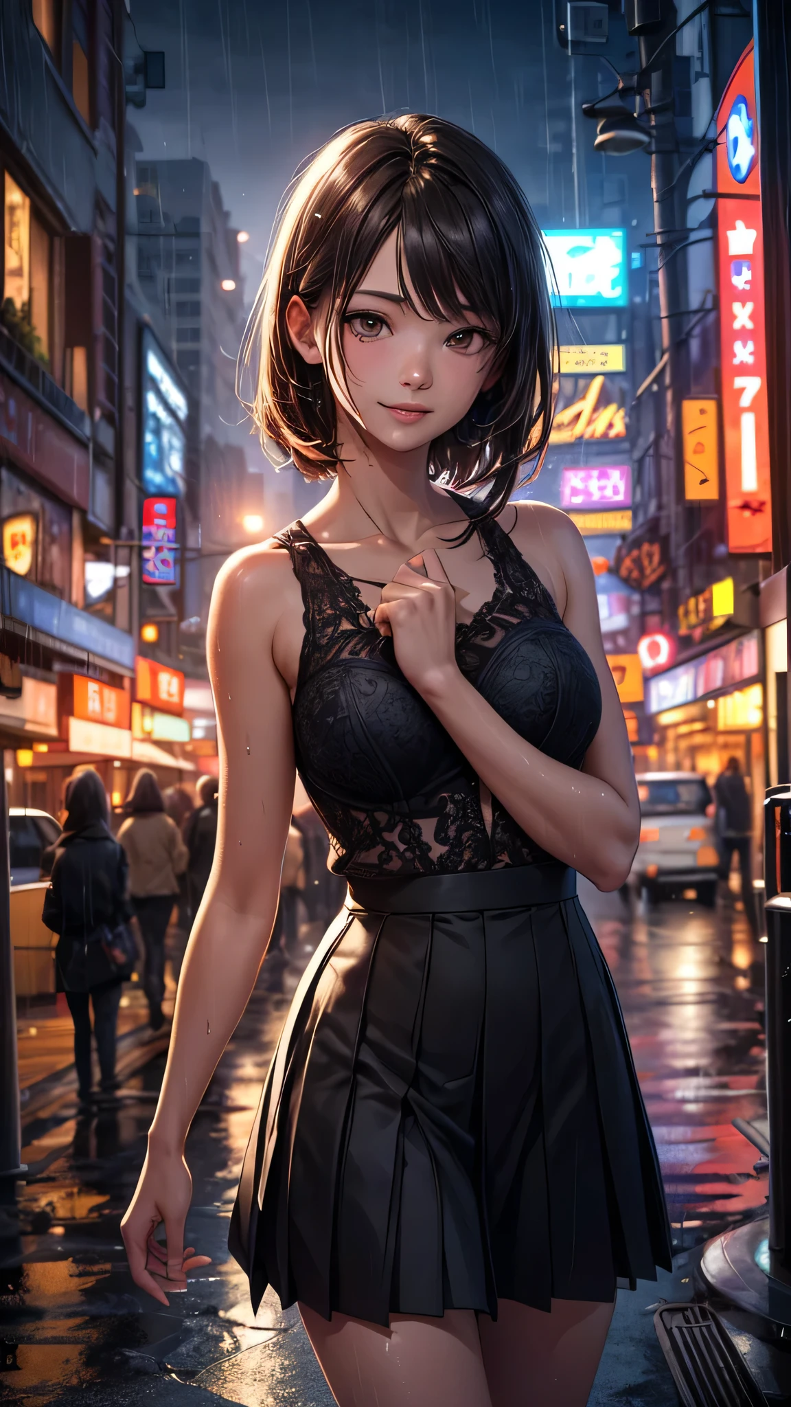 (RAW Photos, 最high quality), (Realistic, photoRealistic: 1.2), (Round face: 1), 1 Girl, Outdoor selfie, (Skin with attention to detail: 1.2), (Puffy eyes), (Lying Silkworm), smile, clavicle, water, Straight brown black hair, Pure black pleated skirt, Soft lighting, high quality, Cityscape, Skyline, night, rain, Wet, Professional Lighting, Photon Mapping, Radio City, Physically Based Rendering,