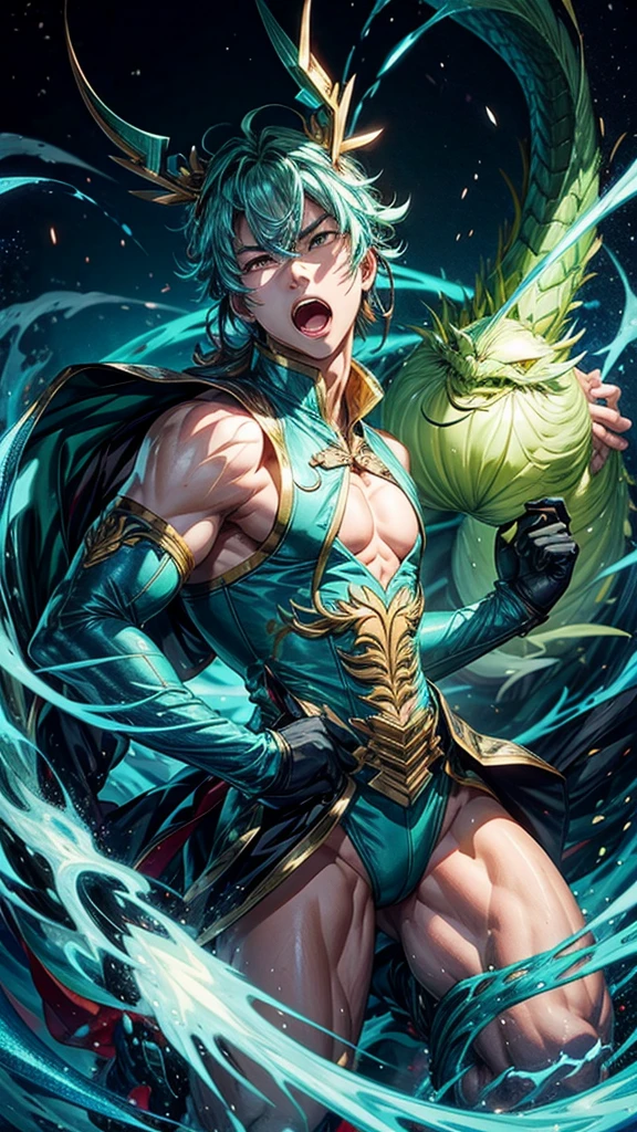 (masterpiece, best quality), 1boy, wearing micro thong, full mast, erect bulge, see-through thong , mushroom water world, wide angle, athletic body, male, iridescent skin, flat chest, silver eyes, green hair styled in spikes, determined expression, bioluminescent lighting, small waist, broad chest, big mane, slim scruffy, muscular , illustration, watercolor ink sketch, (best quality)), intricate detailed,solo, masterpiece, art by hermann nitsch, zdzislaw beksinski, dariusz zawadzki, giger, dragan bibin and l