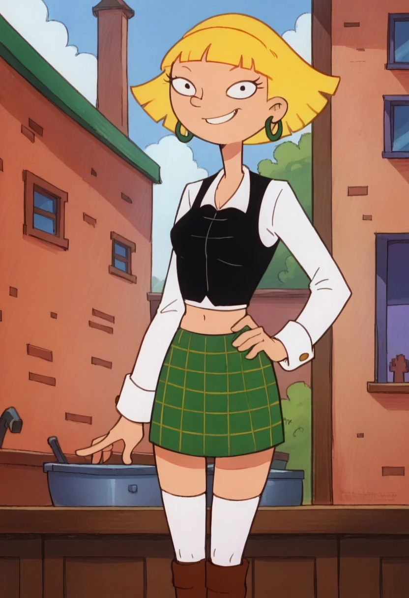 olga, 1girl, solo, blonde hair, short hair, white shirt, black tank top, hoop earrings, plaid skirt, smile, bangs, blunt bangs, thighhighs, midriff,upper body,  looking at viewer, hand on own hip, outdoors,, score_9, score_8_up, score_7_up, score_6_up, full body,