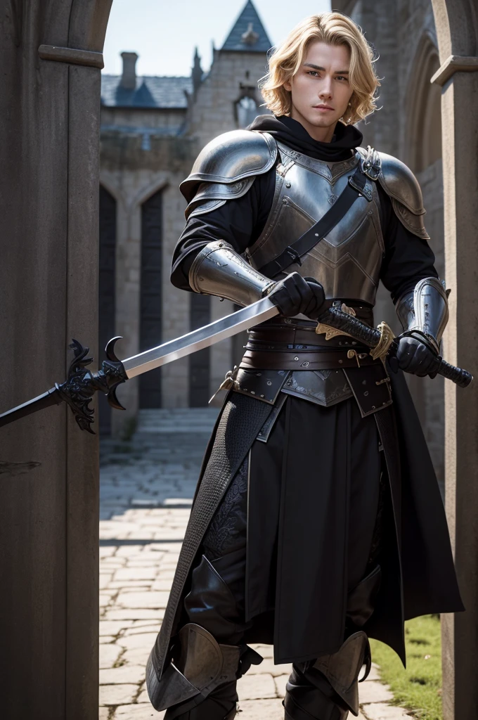 A man with short blond wavy hair, dressed in black armor holding a black sword in front of the gates of a castle