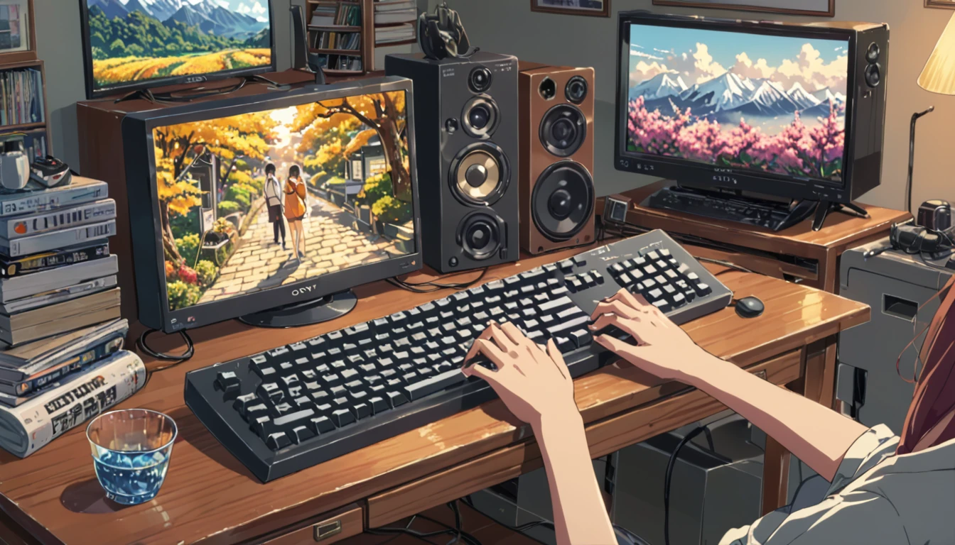 ((Anime: 1.4, Illustration)), (Masterpiece, Top Quality, Best Quality), (Ultra-Detailed, Absolutely Resolution), ((16k, HIGH RES)) (Retro Keyboard), ( Anime: 1.4, Illustration)), (Masterpiece, Top Quality, Best Quality), (Ultra-Detailed, Absolutely Resolution). Ak {Lofi Art, Style of Laurie Greasley, Style of Makoto Shinkai, Anime Aesthetic}, BREAK {(Produces IMAGES WITH ITH INFORMATION THAN 40 Million Pixels with Cinematic-Like Detailed Textures S Hot on a Sony slur).}