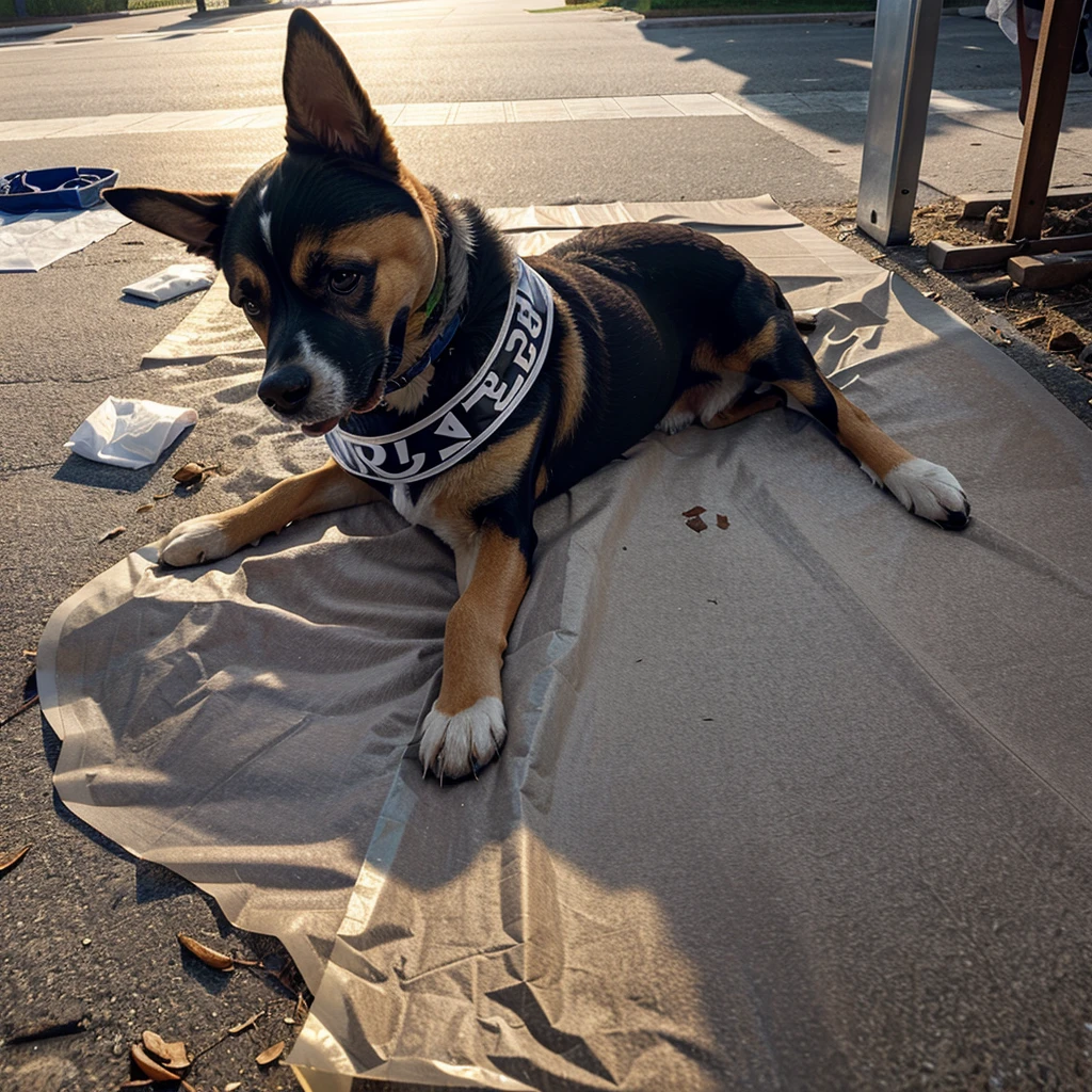 The dog ran with the plastic cover