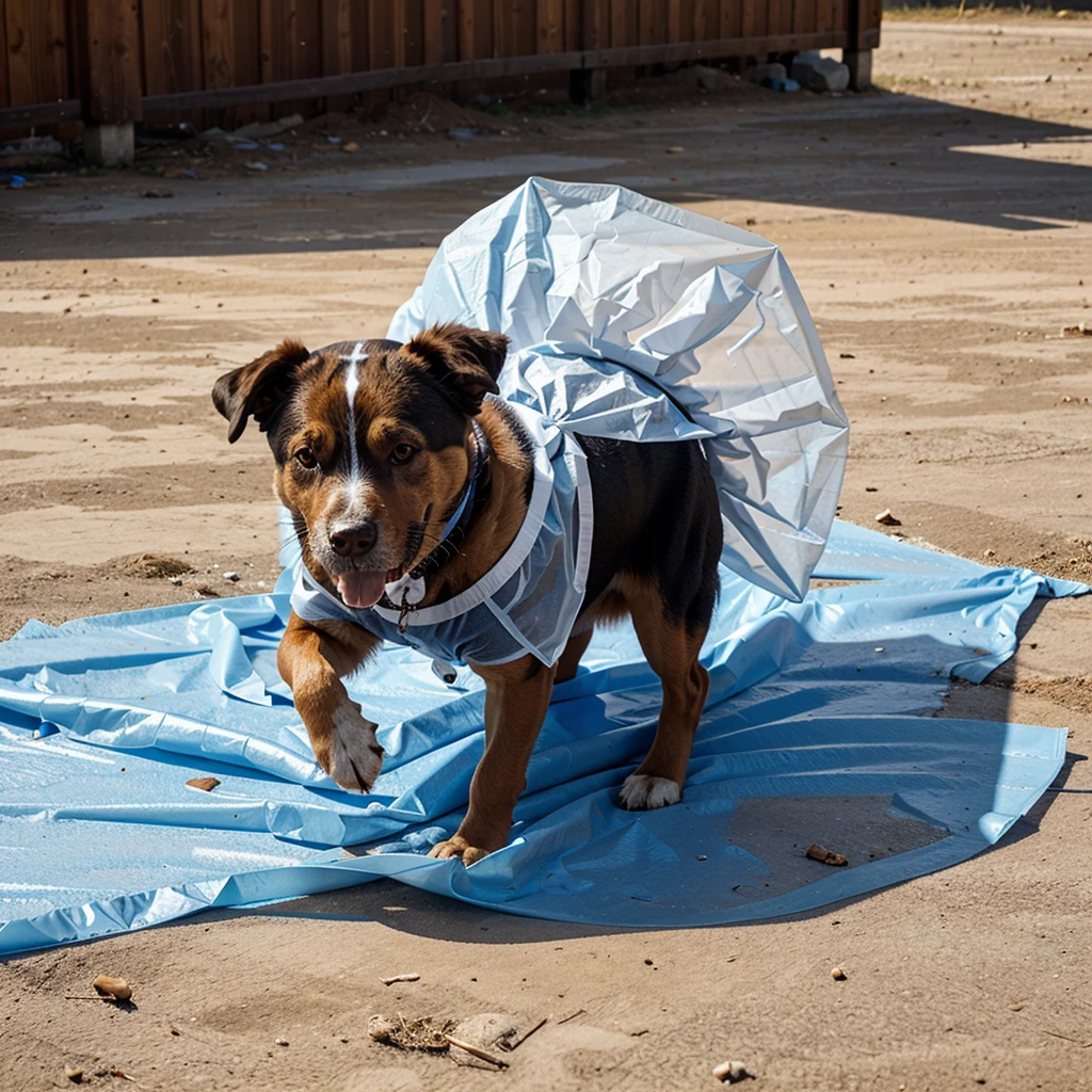The dog ran with the plastic cover