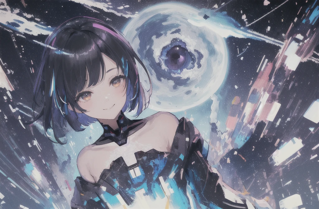 masterpiece, Highest quality, (Alexio:1.5), (Brush strokes, oil \(Moderate\):0.9), Night Sky、nebula、大きなNight Sky、nebula、全Night Sky、nebula、whole body、whole body、Fearless smile、A girl with a short bob hairstyle, (Monochrome:0.6), Abstract, Abstract background, Black Theme, Backlight, Portraiture, (Blurred:1), (Glitch:1.1), eye