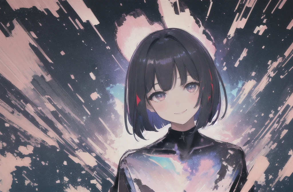 masterpiece, Highest quality, (Alexio:1.5), (Brush strokes, oil \(Moderate\):0.9), Night Sky、nebula、大きなNight Sky、nebula、全Night Sky、nebula、whole body、whole body、Fearless smile、A girl with a short bob hairstyle, (Monochrome:0.6), Abstract, Abstract background, Black Theme, Backlight, Portraiture, (Blurred:1), (Glitch:1.1), eye