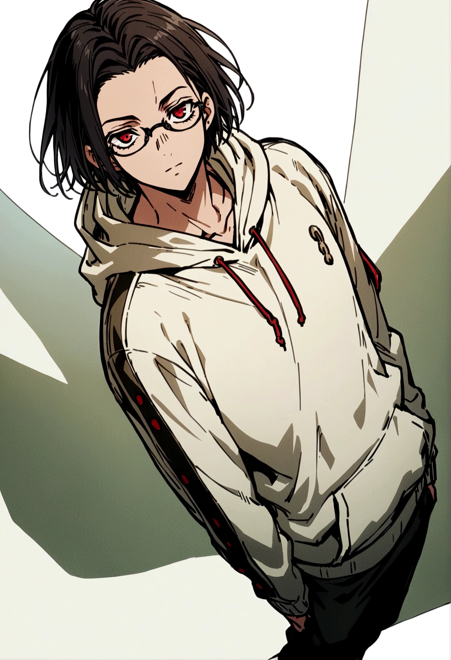 fullbody,masterpiece,standing,hoodie,black black short hair,red eyes,adult,1boy,solo,glasses,white background,standing straight,fullbody,parted bangs
