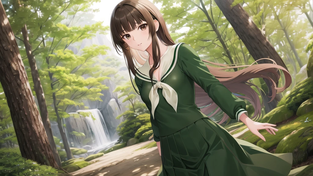 masterpiece, Highest quality, High resolution, aayoshino, , Long Hair, Twin Blade, Brown eyes, Hair that falls over the shoulders, , Sailor collar, neckerchief, Green Shirt, One piece sailor shirt, Long sleeve, Green Skirt, Long skirt, Are standing, Cowboy Shot, Outdoor, Person on the right, Shining Face