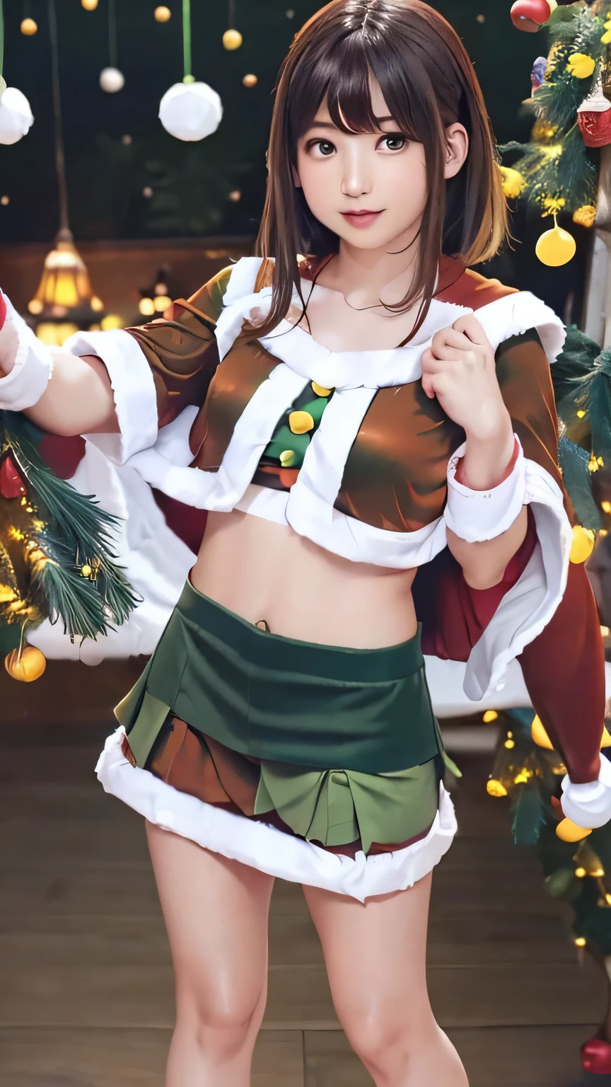 Purelos Face_v1, Highest quality, Realistic, 8K, High resolution, Full Color, One girl, woman, 20 years old woman, (Mouth closed:1.33), (Portraiture:0.6), wood, Dawn, ((Indoor background:1.52)), Full Color, ((Green miniskirt Santa costume:1.88)), View your viewers:1.8, (One girl eyes View your viewers:1.55), (Medium Hair, Brown Hair, Parted bangs:1.35), (Bokeh),Enako、Enako、Enako