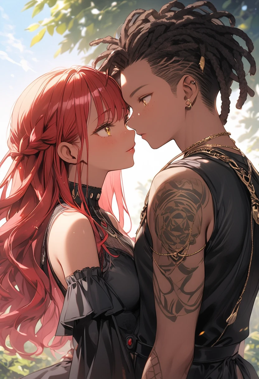 "Produce an anime-style image that celebrates love between couples. The girl, tan skin, short red wavy hair, freckles, ((yellow eyes)) charming. ((Stylish edgy outfit)),The boy, {dark-skinned and haired: 1,5}, ((Dreadlocks curtos)), has expressive redeyes. ((Stylish, edgy outfit)), Set in a garden, the scene depicts passionate kisses between them. Convey the intensity of eternal love between these lovers, highlighting their unique characteristics and the romantic connection they share.