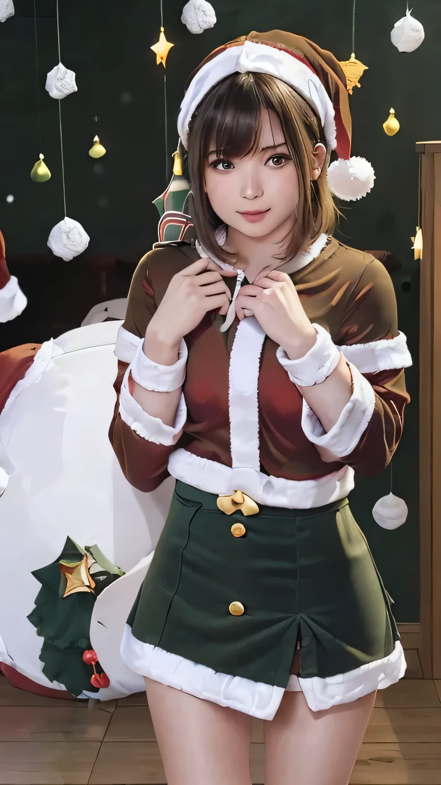 Purelos Face_v1, Highest quality, Realistic, 8K, High resolution, Full Color, One girl, woman, 20 years old woman, (Mouth closed:1.33), (Portraiture:0.6), wood, Dawn, ((Indoor background:1.52)), Full Color, ((Green miniskirt Santa costume:1.88)), View your viewers:1.8, (One girl eyes View your viewers:1.55), (Medium Hair, Brown Hair, Parted bangs:1.35), (Bokeh),Enako、Enako、Enako