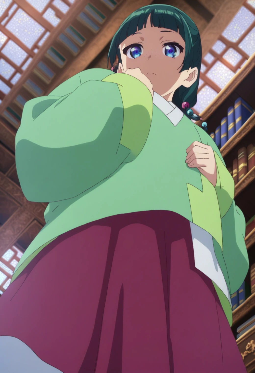 1girl, maomao, solo, green hair, long hair, blue eyes, BREAK
blurry foreground, bookshelf, ceiling, closed mouth, depth of field, from below, indoors, freckles, light green hanfu, default clothes, chinese clothes, long sleeves, wide sleeves, red hakama, default hairstyle, sidelocks, blunt bangs, hair beads, hair over shoulder, standing, low twintails, BREAK
score_9, score_8_up, score_7_up, score_6_up, anime, BREAK
(high quality, detailed, beautiful), shiny, detailed beautiful eyes, outstanding, countershading, detailed soft lighting