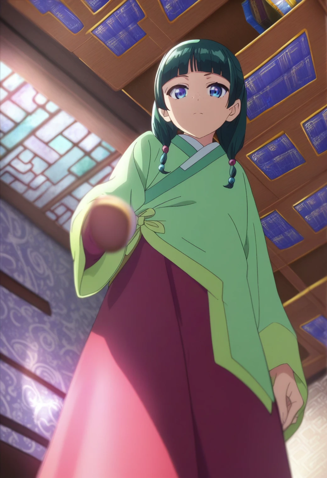 1girl, maomao, solo, green hair, long hair, blue eyes, BREAK
blurry foreground, bookshelf, ceiling, closed mouth, depth of field, from below, indoors, freckles, light green hanfu, default clothes, chinese clothes, long sleeves, wide sleeves, red hakama, default hairstyle, sidelocks, blunt bangs, hair beads, hair over shoulder, standing, low twintails, BREAK
score_9, score_8_up, score_7_up, score_6_up, anime, BREAK
(high quality, detailed, beautiful), shiny, detailed beautiful eyes, outstanding, countershading, detailed soft lighting