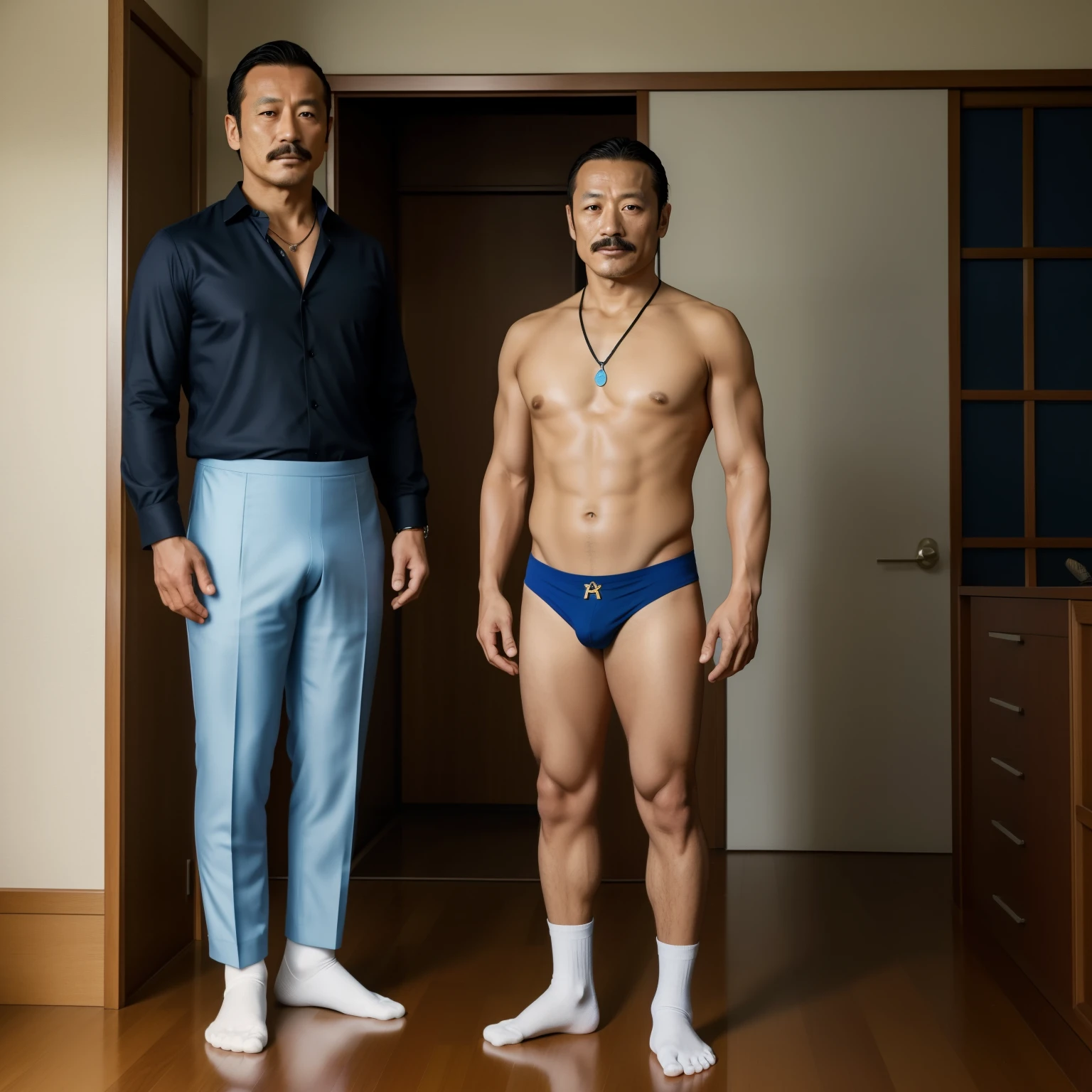 40 years old，Hidetoshi Nakata ，（Kogoro Mori 1.1），Two men standing，whole body，Facing the camera，Topless，foot，Black socks，Thick hair，Wear a necklace，Light blue briefs，Moustache，masterpiece，HD，，