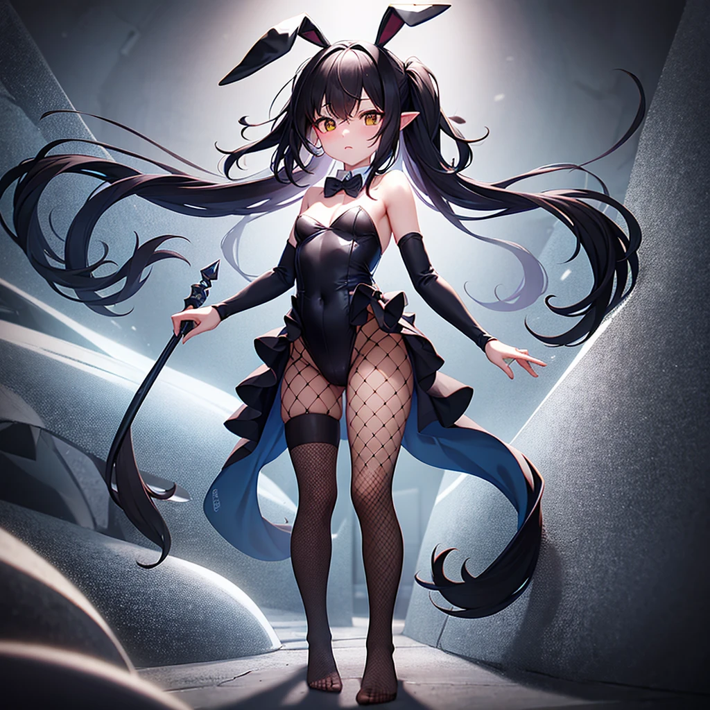 ((Bunny girl)),Dropped ears,(Fishnet tights),barefoot,Cute little ,Tiny ,Small girl,,Childish face, Very fine clean face,Top quality,Black Hair,(Dark Room), Subtle light, Natural light,Soft lighting,Light from directly behind, (Are standing),With bust up,Front view,Black background